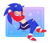 Size: 2047x1765 | Tagged: dead source, safe, artist:mingkeuuyu, sonic the hedgehog, hedgehog, abstract background, arms behind head, bandaid, bandaid on knee, clenched teeth, crop jacket, female, gender swap, leaning back, lidded eyes, looking at viewer, outline, shorts, smile, smug, solo, star (symbol)
