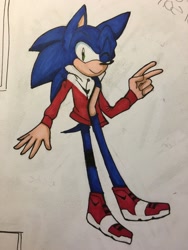 Size: 1800x2400 | Tagged: safe, artist:anti-mistajules, sonic the hedgehog, hedgehog, asymmetrical legwear, blue fur, green eyes, jacket, male, one eye closed, shoes, single kneecap