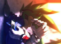 Size: 469x343 | Tagged: safe, artist:einnharder, jet the hawk, sonic the hedgehog, bird, hedgehog, abstract background, au:fall into the void, blue fur, duo, duo male, eyes closed, gay, goggles, green fur, hawk, holding each other, jet x sonic, kiss, male, males only, shipping, sonic riders, standing, sunglasses