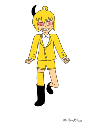 Size: 1042x1533 | Tagged: safe, artist:noooonswing, human, asymmetrical footwear, asymmetrical legwear, blazer, boots, fleetway super sonic, horn, humanized, male, red eyes, shirt, shorts, single boot, single knee boot, single thighhigh, yellow hair