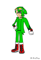 Size: 1042x1533 | Tagged: safe, artist:noooonswing, jet the hawk, human, blue eyes, boots, collar, gloves, goggles, goggles on head, green hair, humanized, jacket, male, pants, shirt