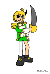 Size: 1042x1533 | Tagged: safe, artist:noooonswing, human, asymmetrical legwear, blue eyes, boots, eyepatch, horn, humanized, jacket, male, patch d'coolette, scar, shorts, single leg pantyhose, sword, yellow hair