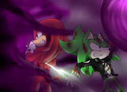 Size: 1024x743 | Tagged: safe, artist:fire-for-battle, artist:missydischa, knuckles the echidna, scourge the hedgehog, echidna, hedgehog, belt, blue eyes, fingerless gloves, gloves, green fur, jacket, male, purple eyes, red fur