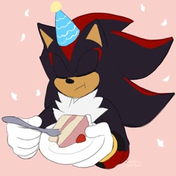 Size: 1080x1080 | Tagged: safe, artist:solar socks, shadow the hedgehog, hedgehog, birthday, black fur, cake, gloves, male, party hat, red eyes, red fur