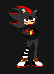 Size: 764x1046 | Tagged: safe, artist:noooonswing, shadow the hedgehog, hedgehog, asymmetrical legwear, black fur, jacket, male, red eyes, red fur, shoes, single fingerless glove, single over-kneehigh, vocaloid