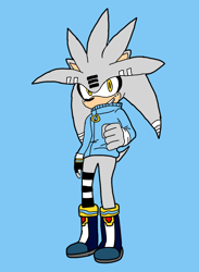 Size: 764x1046 | Tagged: safe, artist:noooonswing, silver the hedgehog, hedgehog, asymmetrical legwear, boots, grey fur, jacket, male, single fingerless glove, single over-kneehigh, vocaloid, yellow eyes