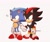 Size: 1516x1273 | Tagged: safe, artist:awhxque, shadow the hedgehog, sonic the hedgehog, hedgehog, 2023, blushing, classic shadow, classic sonic, cute, duo, frown, gay, grey background, holding hands, looking offscreen, musical note, musical notes, shadow x sonic, shadowbetes, shipping, simple background, smile, sonabetes, standing