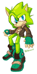 Size: 375x750 | Tagged: safe, artist:katiemonz, scourge the hedgehog, hedgehog, blue eyes, fingerless gloves, gloves, green fur, jacket, male, scars, shoes