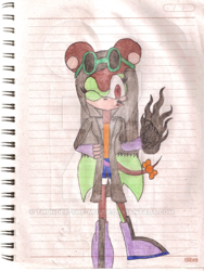 Size: 400x531 | Tagged: safe, artist:thunder-the-mouse, oc, oc:thunder dark the hedgemouse, hybrid, mouse, belt, boots, brown fur, female, fingerless gloves, glasses, glasses on head, jacket, red eyes, shirt, shorts, sunglasses, traditional media