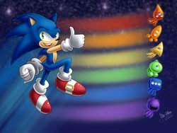 Size: 1032x775 | Tagged: safe, artist:star-shiner, sonic the hedgehog, wisp, hedgehog, blue fur, gloves, green eyes, male, pride, shoes, socks, sonic colors