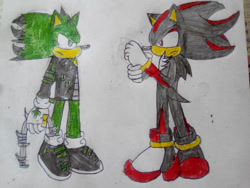 Size: 1024x768 | Tagged: safe, artist:theoneandonlycactus, shadow the hedgehog, oc, oc:cactus the hedgehog, hedgehog, black fur, fingerless gloves, gloves, green eyes, green fur, jacket, male, red eyes, red fur, shoes, socks, traditional media