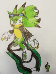 Size: 774x1032 | Tagged: safe, artist:theoneandonlycactus, oc, oc:cactus the hedgehog, hedgehog, fingerless gloves, gloves, goggles, goggles on head, green eyes, green fur, jacket, male, shoes, skateboard, socks, traditional media