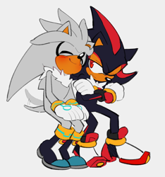 Size: 1694x1807 | Tagged: safe, artist:javisbutt, shadow the hedgehog, silver the hedgehog, hedgehog, 2022, arms folded, blushing, chipped ear, cute, duo, eyes closed, gay, grey background, looking at them, one eye closed, shadow x silver, shadowbetes, shipping, silvabetes, simple background, sitting, smile, wagging tail