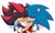 Size: 2048x1229 | Tagged: safe, artist:ciaoodee, shadow the hedgehog, sonic the hedgehog, hedgehog, abstract background, chest fluff, cute, duo, duo male, eyelashes, eyes closed, gay, happy, holding each other, hugging, lidded eyes, male, males only, one eye closed, shadow x sonic, shadowbetes, shipping, smile, sonabetes, standing