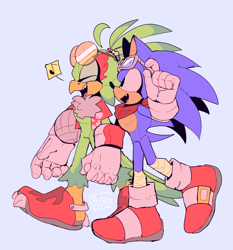 Size: 2048x2202 | Tagged: safe, artist:pastelmangos, artist:yu33_pm, jet the hawk, sonic the hedgehog, bird, hedgehog, ball, bandage, bandana, blue background, cute, duo, duo male, eyes closed, gay, hawk, holding hands, jacket, jetabetes, looking up, male, males only, mouth open, musical note, one fang, sandals, shipping, simple background, smile, sonabetes, sonjet, sunglasses, top surgery scars, volleyball, walking