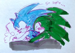 Size: 2048x1464 | Tagged: safe, artist:gikijet, jet the hawk, sonic the hedgehog, bed, blushing, dialogue, duo, english text, eyes closed, frown, gay, hugging from behind, jet x sonic, shipping, sleeping, snuggling, sweatdrop, traditional media