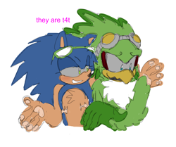 Size: 2048x1713 | Tagged: safe, artist:blehhhh36, jet the hawk, sonic the hedgehog, blushing, bust, chest fluff, duo, english text, gay, gloves off, goggles, grey sclera, jet x sonic, lidded eyes, looking at them, looking away, mouth open, pawpads, shipping, simple background, smile, sunglasses, t4t, top surgery scars, trans male, transgender, white background