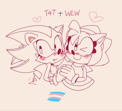 Size: 2048x1871 | Tagged: safe, artist:silver-varian, amy rose, shadow the hedgehog, hedgehog, amy x shadow, amybetes, blushing, cute, duo, duo female, eyelashes, female, females only, half r63 shipping, heart, holding hands, lesbian, line art, looking at viewer, looking back, mouth open, shadowbetes, simple background, smile, standing, t4t, trans female, trans pride, transgender, wagging tail, wink, wlw