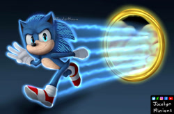 Size: 1104x724 | Tagged: safe, artist:jocelynminions, sonic the hedgehog, hedgehog, blue fur, gloves, green eyes, male, movie style, portal, shoes, socks