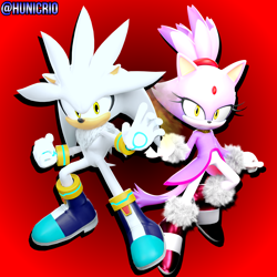 Size: 3840x3840 | Tagged: safe, artist:hunicrio, blaze the cat, silver the hedgehog, cat, hedgehog, 3d, signature