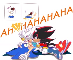 Size: 1281x1056 | Tagged: safe, artist:kaiyuki04, shadow the hedgehog, silver the hedgehog, sonic the hedgehog, fail, laughing, yoga