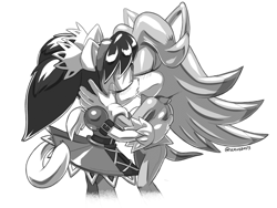 Size: 1138x858 | Tagged: safe, artist:rockthebull, breezie the hedgehog, honey the cat, cat, hedgehog, blushing, breezie x honey, commission, crack shipping, duo, duo female, eyes closed, female, females only, greyscale, holding something, kiss, lesbian, shipping, simple background, standing, white background