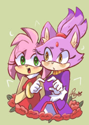 Size: 540x764 | Tagged: safe, artist:remisyl, amy rose, blaze the cat, cat, hedgehog, 2022, amy x blaze, amy's halterneck dress, blaze's tailcoat, blushing, cute, female, females only, flowers, lesbian, mouth open, shipping