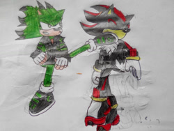 Size: 1024x768 | Tagged: safe, artist:theoneandonlycactus, shadow the hedgehog, oc, oc:cactus the hedgehog, hedgehog, black fur, fingerless gloves, gloves, green eyes, green fur, jacket, male, red eyes, red fur, shoes, socks