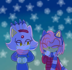 Size: 1280x1243 | Tagged: safe, artist:sonicfandomsecretsanta, amy rose, blaze the cat, cat, hedgehog, 2017, amy x blaze, cute, eyes closed, female, females only, lesbian, scarf, shipping, winter, winter outfit