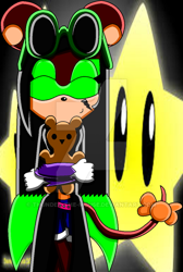 Size: 400x596 | Tagged: safe, artist:thunder-the-mouse, oc, oc:thunder dark the hedgemouse, mouse, belt, brown fur, eyes closed, female, fingerless gloves, glasses, glasses on head, jacket, shirt, shorts, sunglasses