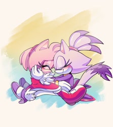 Size: 1829x2048 | Tagged: safe, artist:_karl0_, amy rose, blaze the cat, cat, hedgehog, 2021, amy x blaze, amy's halterneck dress, blaze's tailcoat, blushing, cute, eyes closed, female, females only, hand on cheek, hand on hip, lesbian, shipping