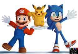 Size: 1069x748 | Tagged: safe, artist:jocelynminions, sonic the hedgehog, crossover, detective pikachu, mario, movie style, pikachu, pokemon, super mario bros. movie (2023), trio