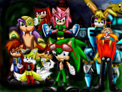 Size: 3975x2986 | Tagged: safe, artist:4sonicfan, alicia acorn, miles (anti-mobius), rosy the rascal, scourge the hedgehog, boomer walrus, buns rabbot, kintobor, o'nux (anti-mobius), patch d'coolette