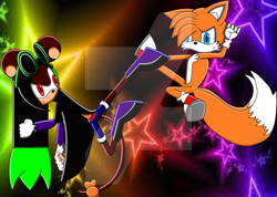 Size: 400x284 | Tagged: safe, artist:thunder-the-mouse, miles "tails" prower, oc, oc:thunder dark the hedgemouse, fox, mouse, belt, blue eyes, boots, brown fur, female, fingerless gloves, gloves, jacket, male, orange fur, red eyes, shirt, shoes, shorts, socks