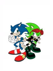 Size: 1800x2400 | Tagged: safe, artist:noooonswing, scourge the hedgehog, sonic the hedgehog, hedgehog, asymmetrical legwear, blue eyes, blue fur, fingerless gloves, glasses, glasses on head, gloves, green eyes, green fur, jacket, male, scars, shoes, shorts, single leg pantyhose, socks, sunglasses