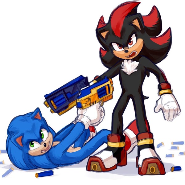 Size: 1080x1080 | Tagged: safe, artist:solar socks, shadow the hedgehog, sonic the hedgehog, hedgehog, featured image, male, movie style, nerf gun