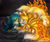 Size: 2048x1707 | Tagged: safe, artist:cyngawolf, kit the fennec, miles "tails" prower, fox, bubbles, crying, duo, fennec, fire, gay, glowing eyes, gradient background, hands on another's face, kit x tails, kitsune, kneeling, looking at each other, male, sad, shipping, tears, water
