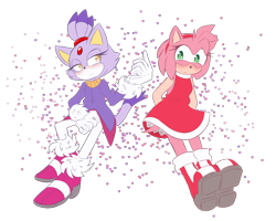 Size: 2500x2000 | Tagged: safe, artist:feisty-evil-fangirl, amy rose, blaze the cat, cat, hedgehog, 2019, amy x blaze, amy's halterneck dress, blaze's tailcoat, blushing, cute, female, females only, hearts, lesbian, shipping