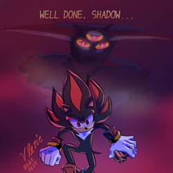 Size: 1280x1280 | Tagged: safe, artist:vlezjr, black doom, shadow the hedgehog, hedgehog, abstract background, alien, chaos emerald, dialogue, duo, holding something, shadow the hedgehog (video game), signature