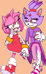 Size: 500x800 | Tagged: safe, artist:gaybrigade, amy rose, blaze the cat, cat, hedgehog, 2017, amy x blaze, amy's halterneck dress, blaze's tailcoat, cute, female, females only, heart, holding hands, lesbian, looking at each other, phone, shipping