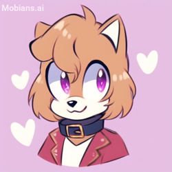 Size: 2048x2048 | Tagged: safe, ai art, artist:mobians.ai, dog, :3, blazer, bust, collar, generic mobian, heart, looking offscreen, male, peach fur, pink background, pink eyes, shirt, simple background, smile, solo, v-neck shirt