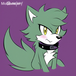 Size: 2048x2048 | Tagged: safe, ai art, artist:mobians.ai, wolf, blushing, chest fluff, collar, ear fluff, flustered, frown, generic mobian, green fur, looking at viewer, male, purple background, simple background, sitting, solo, yellow eyes