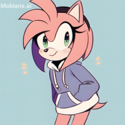 Size: 2048x2048 | Tagged: safe, ai art, artist:mobians.ai, amy rose, hedgehog, blue background, blushing, female, hand in pocket, hoodie, simple background, smile, solo, standing