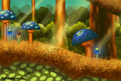 Size: 1024x683 | Tagged: safe, artist:shadowsfascination, 2019, abstract background, act 2, landscape, lineless, mushroom, mushroom hill, no characters, signature, sonic the hedgehog 3, sun ray