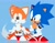 Size: 2048x1590 | Tagged: safe, artist:sontaiis, miles "tails" prower, sonic the hedgehog, blue background, classic sonic, classic tails, cute, duo, gay, looking offscreen, mouth open, no outlines, shipping, simple background, smile, sonabetes, sonic x tails, standing, tailabetes