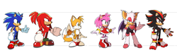 Size: 1710x531 | Tagged: safe, artist:deimostes, editor:deimostes, amy rose, knuckles the echidna, miles "tails" prower, rouge the bat, shadow the hedgehog, sonic the hedgehog, 2023, alternate hairstyle, claws, edit, female, fingerless gloves, group, male, ponytail, simple background, standing, team sonic racing overdrive, top surgery scars, trans male, transgender, white background