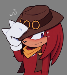 Size: 900x1000 | Tagged: safe, artist:0ctosquid-ink, knuckles the echidna, the murder of sonic the hedgehog, blushing, flustered, frown, grey background, hat, holding something, jacket, knuckles' hat, looking away, male, simple background, solo, standing, sweatdrop