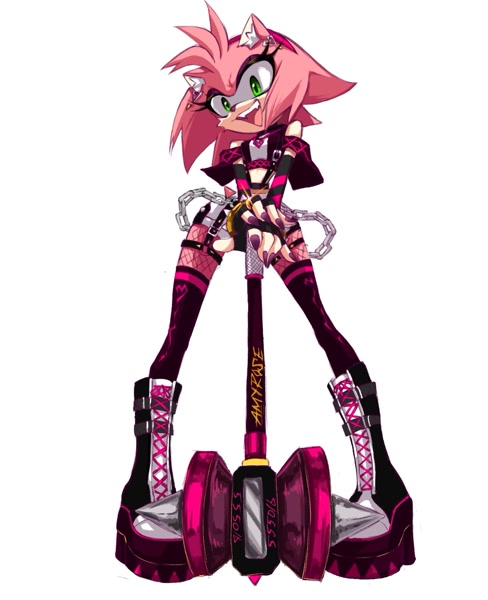 Size: 1121x1377 | Tagged: safe, artist:kaiyuki04, amy rose, 2023, alternate outfit, boots, chain, clothes, featured image, fishnets, holding something, looking at viewer, piko piko hammer, punk, smile, solo, standing