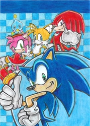 Size: 2480x3472 | Tagged: safe, artist:szylishguy25, amy rose, knuckles the echidna, miles "tails" prower, sonic the hedgehog, chao, 2021, abstract background, group, looking at viewer, neutral chao, piko piko hammer, redraw, smile, sonic advance, team sonic, thumbs up, traditional media, uekawa style