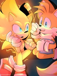 Size: 1536x2048 | Tagged: dead source, safe, artist:tetsumiles, miles "tails" prower, sonic the hedgehog, sonic frontiers, 2023, abstract background, alternate version, blue eyes, duo, electricity, gay, glowing, glowing eyes, holding something, kneeling, looking at each other, marshmallow, one fang, shipping, sitting, smile, sonic x tails, sparkles, starfall super sonic, super form